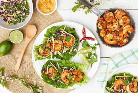 Shrimp and Spicy Kale Beet Slaw Lettuce Wraps